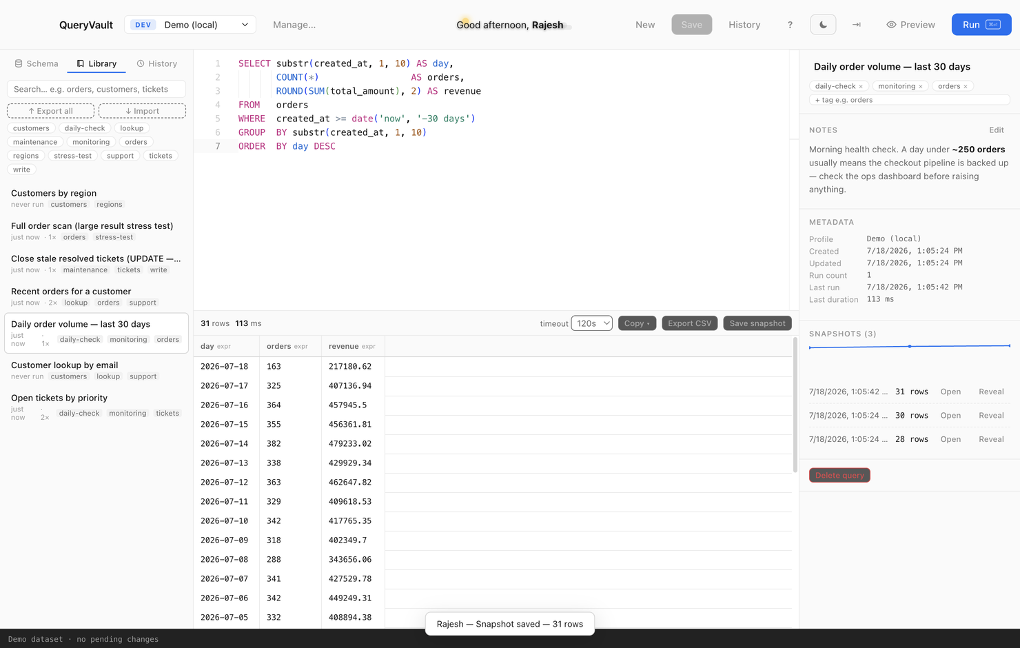 QueryVault in light mode — the SQL editor, results grid and details panel